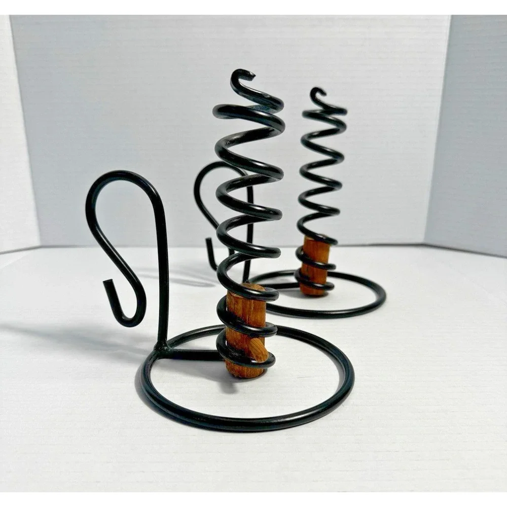 Vintage Wrought Iron Spiral Courting Candle Holder Set Black Metal Wood 7in